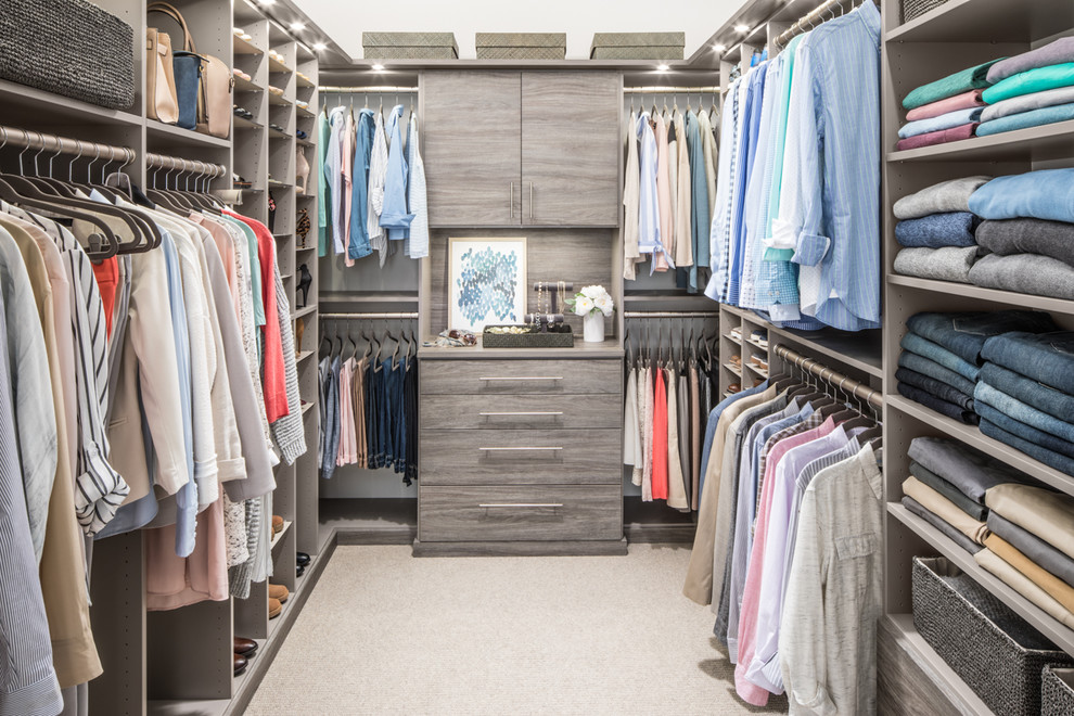 Contemporary gender-neutral walk-in wardrobe with flat-panel cabinets, grey cabinets, carpet and beige floor.