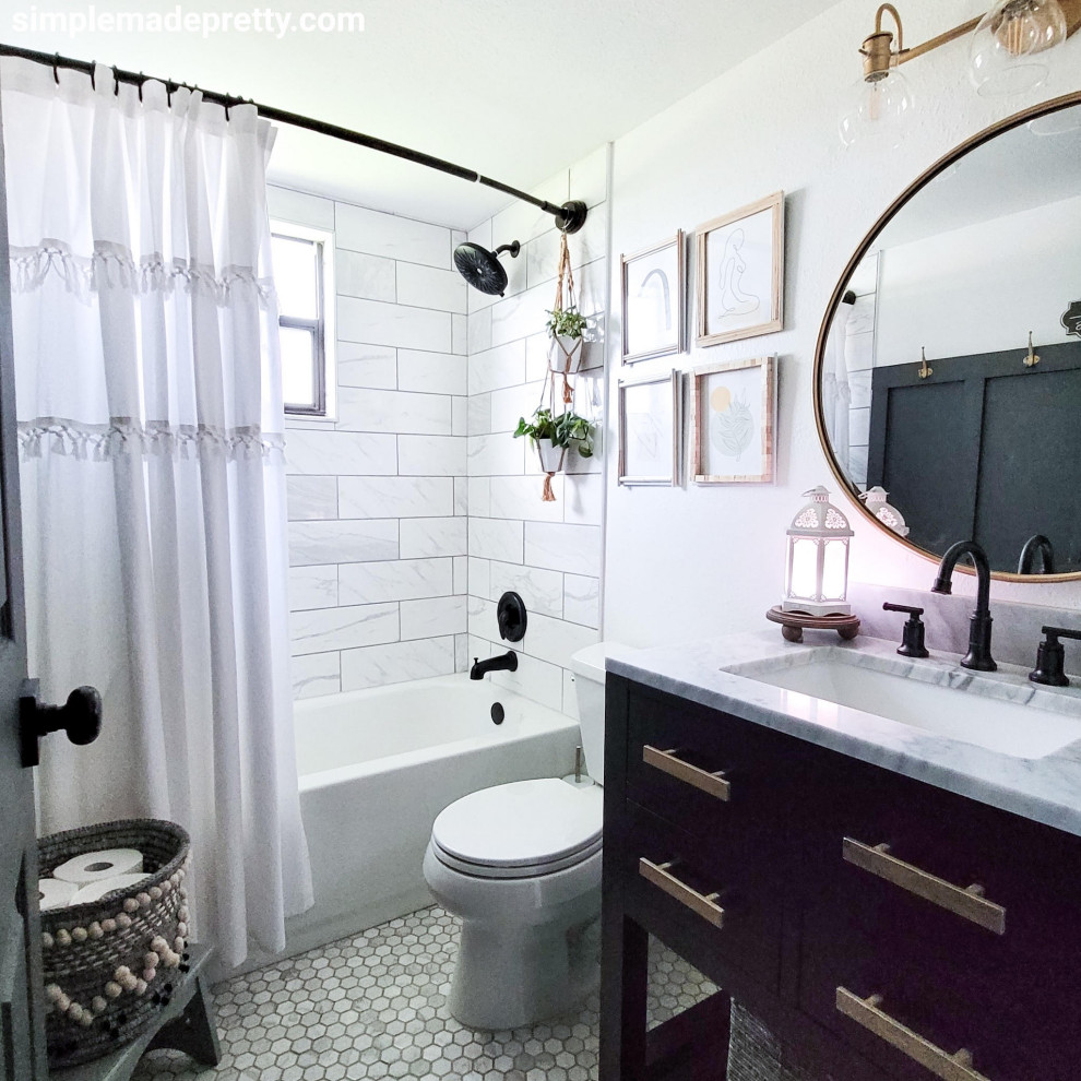 Mid-sized traditional 3/4 bathroom in New York with shaker cabinets, dark wood cabinets, an alcove tub, an alcove shower, a two-piece toilet, white tile, ceramic tile, white walls, porcelain floors, an undermount sink, marble benchtops, grey floor, a shower curtain, white benchtops, a single vanity and a freestanding vanity.