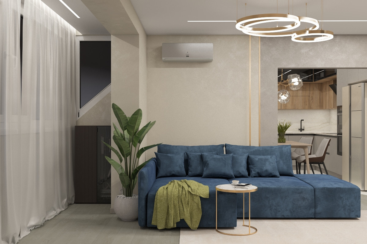 Уютная кухня-гостиная с камином