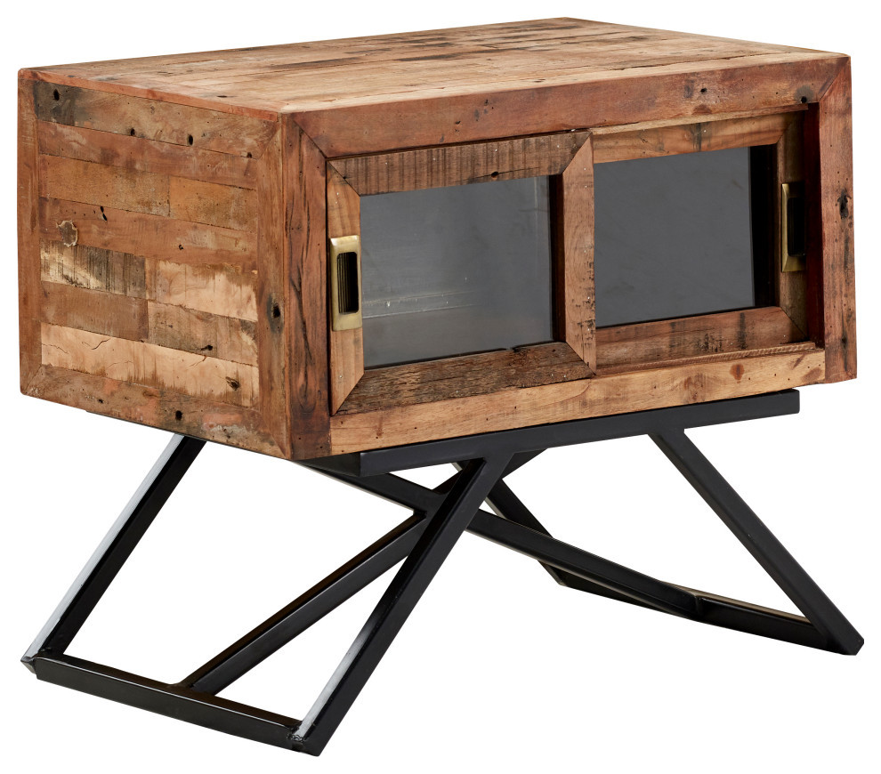 28" Rustic Reclaimed Wood End Table with Storage & Glass Sliding Doors Industrial Side