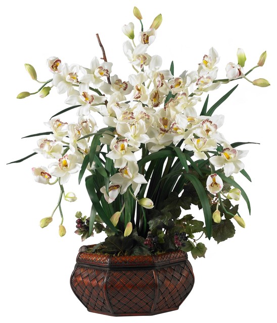 Artificial Flowers Large White Cymbidium Flower Arrangement Silk Flowers Tropical Artificial Flower Arrangements By Wrought Iron Haven