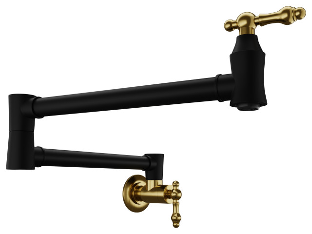 24" Wall Mounted Pot Filler With Dual Swivel, Matte Black and Brushed Gold