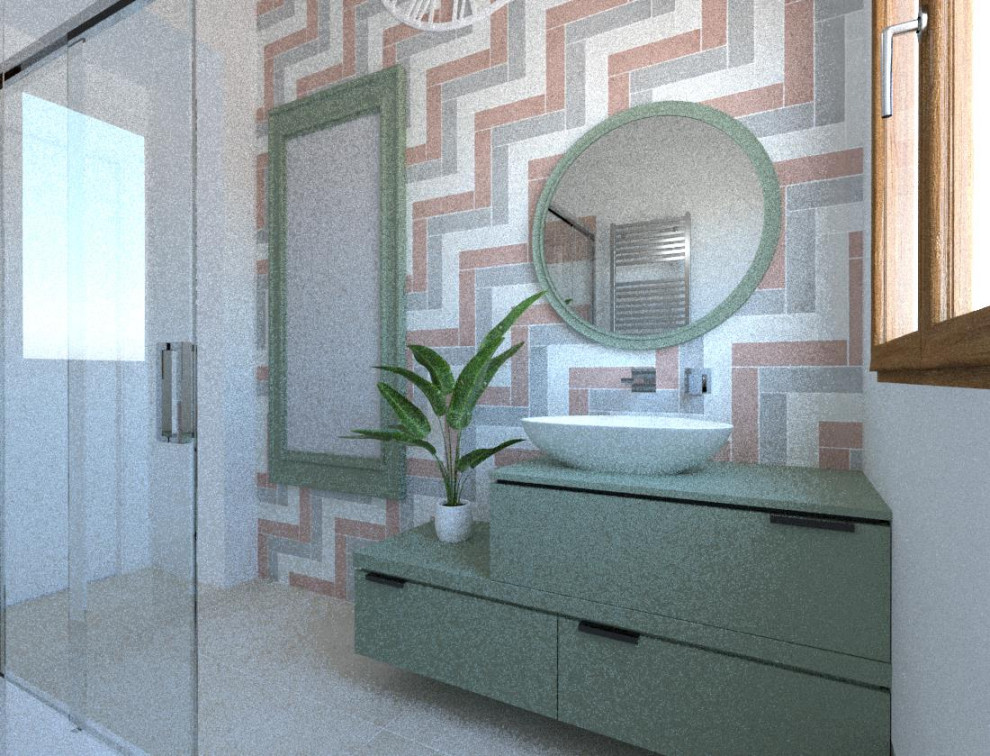 Idéer för vintage grönt badrum med dusch, med möbel-liknande, gröna skåp, en kantlös dusch, flerfärgad kakel, stickkakel, gröna väggar, marmorgolv, ett fristående handfat, laminatbänkskiva, rosa golv och dusch med skjutdörr