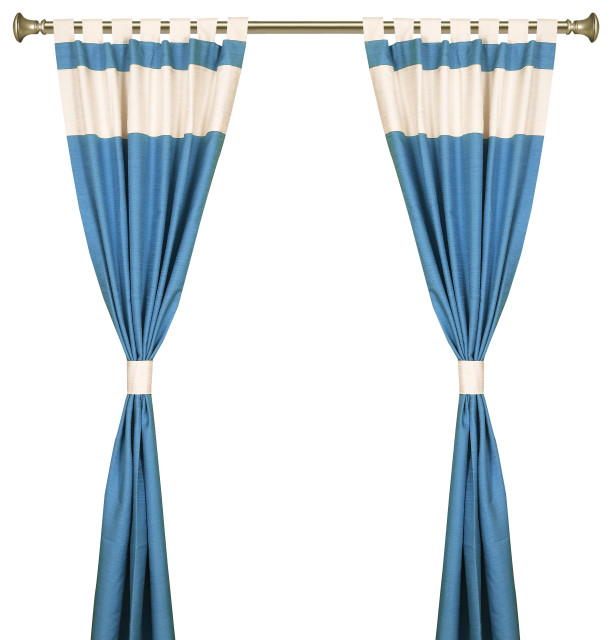 Turquoise Cream Tab Top Raw Silk Curtain (43 in.x84 in.) Matching Tieback -Pair