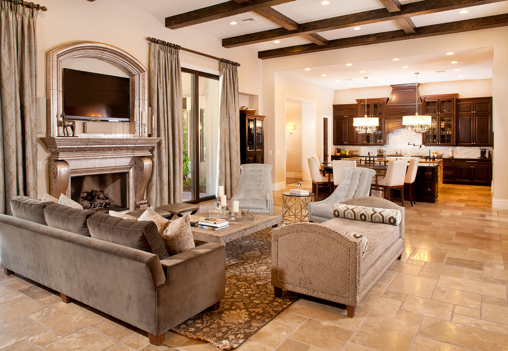 Inspiration for a large transitional formal open concept living room in Las Vegas with beige walls, travertine floors, a standard fireplace, a plaster fireplace surround and a wall-mounted tv.