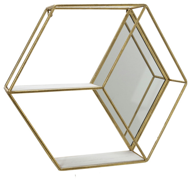 Metal/wood 20" Hexagon Mirrored Wall Shelf, Gold Display And Wall