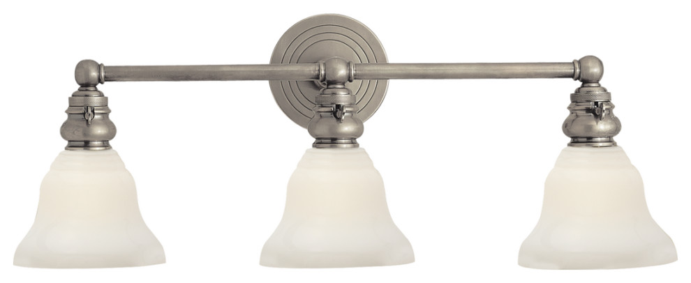 Boston Functional Triple Light in Antique Nickel with White Glass