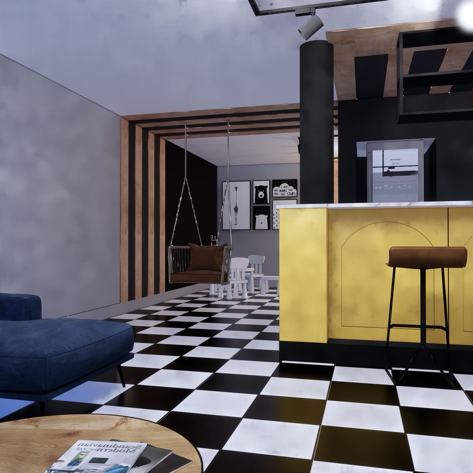 Цокольный этаж с черно-белым полом