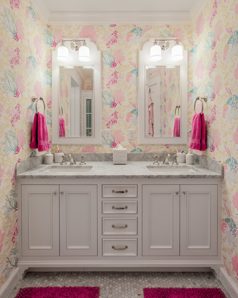 Inspiration for a large traditional kids bathroom in Minneapolis with an undermount sink, white cabinets, marble benchtops, multi-coloured tile, stone tile, multi-coloured walls, marble floors and beaded inset cabinets.