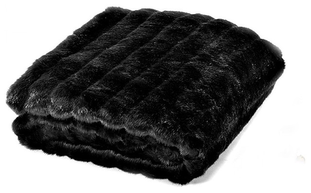 Channel Mink Throw Blanket, Fur Lined, Black, 5'x6'