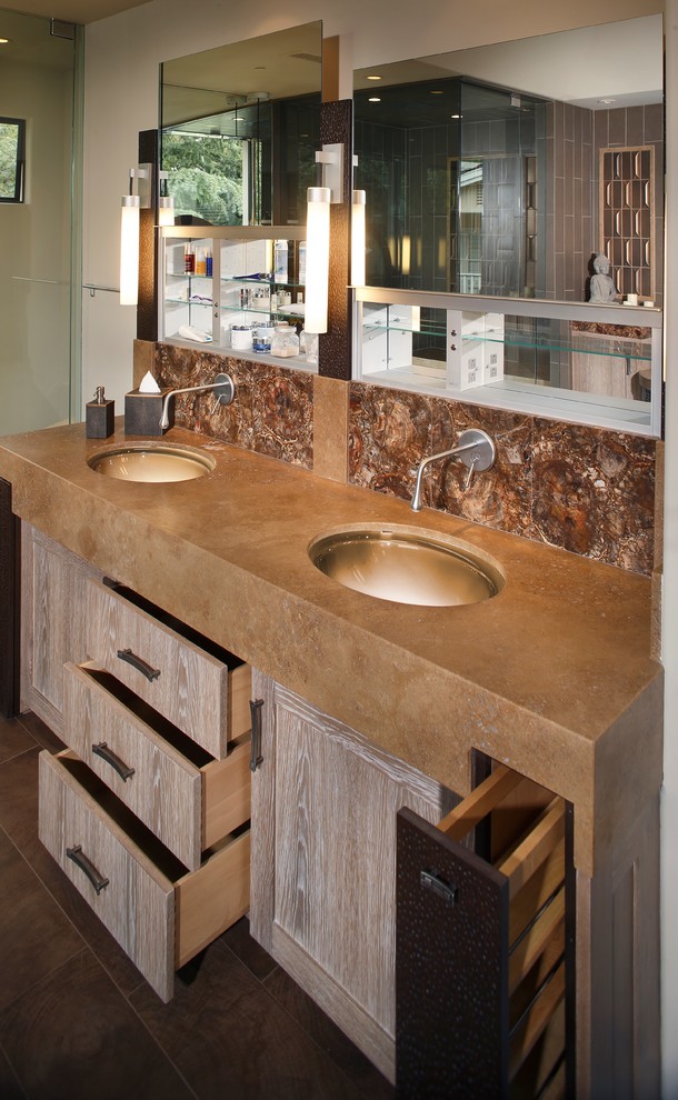 Mid-sized asian master bathroom in Orange County with flat-panel cabinets, distressed cabinets, multi-coloured tile, ceramic tile, beige walls, medium hardwood floors, an undermount sink, copper benchtops and brown floor.