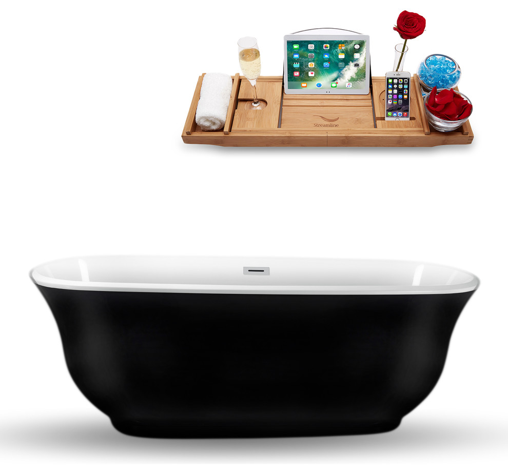 67" Black Freestanding Tub and Tray With Internal Drain, Oval Shaped