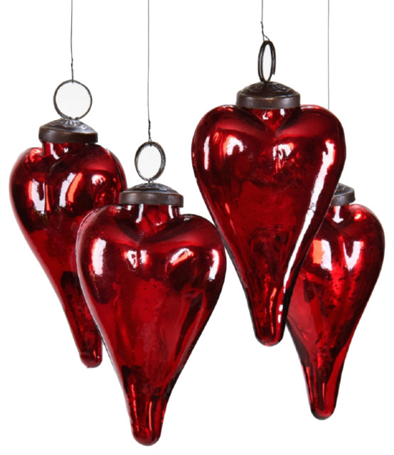 Set of 4 Antique Red Glass Heart Ornaments, 3" Tall Modern Christmas Ornaments by Serene