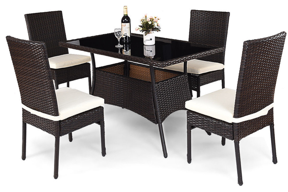 Costway 5 Piece Outdoor Patio Furniture Rattan Dining Table Cushioned Chair Set Tropical Outdoor Lounge Sets By Goplus Corp