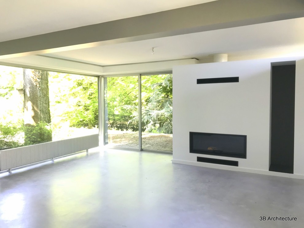 Inspiration pour un grand salon minimaliste ouvert avec un mur blanc, sol en béton ciré, une cheminée standard, un manteau de cheminée en plâtre et un sol gris.