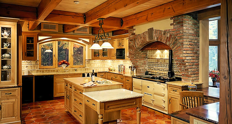 Inspiration for a mid-sized country l-shaped eat-in kitchen in New York with an undermount sink, raised-panel cabinets, light wood cabinets, multi-coloured splashback, ceramic splashback, black appliances, terra-cotta floors, with island and orange floor.