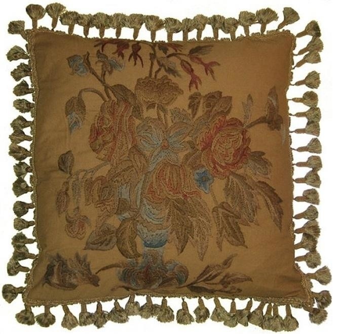 Hand-Embroidered Throw Pillow 21"x21" Vase Flowers