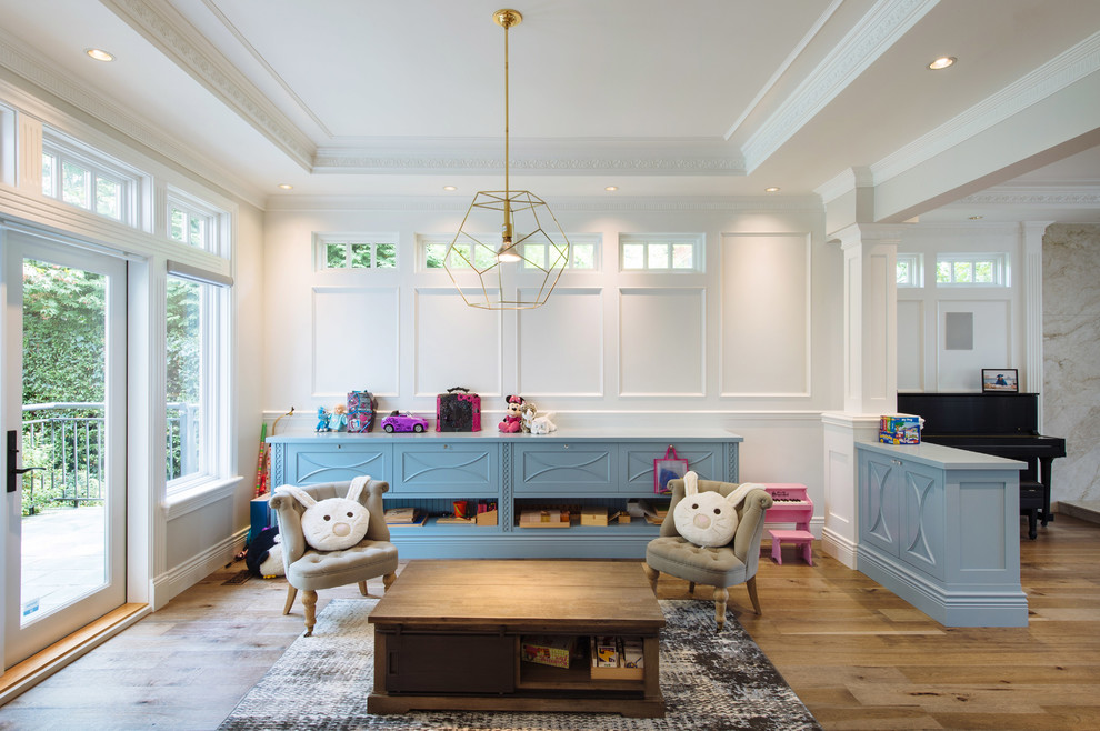 Design ideas for a mid-sized traditional kids' playroom for girls in Vancouver with white walls, medium hardwood floors and brown floor.