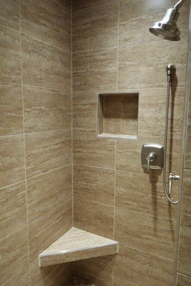 Walk-in shower - mid-sized rustic master beige tile and porcelain tile porcelain tile walk-in shower idea