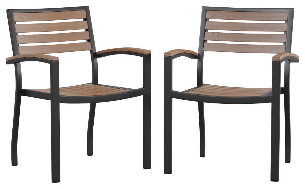Set of 2 Stackable AllWeather Black Aluminum Patio Chairs with Faux