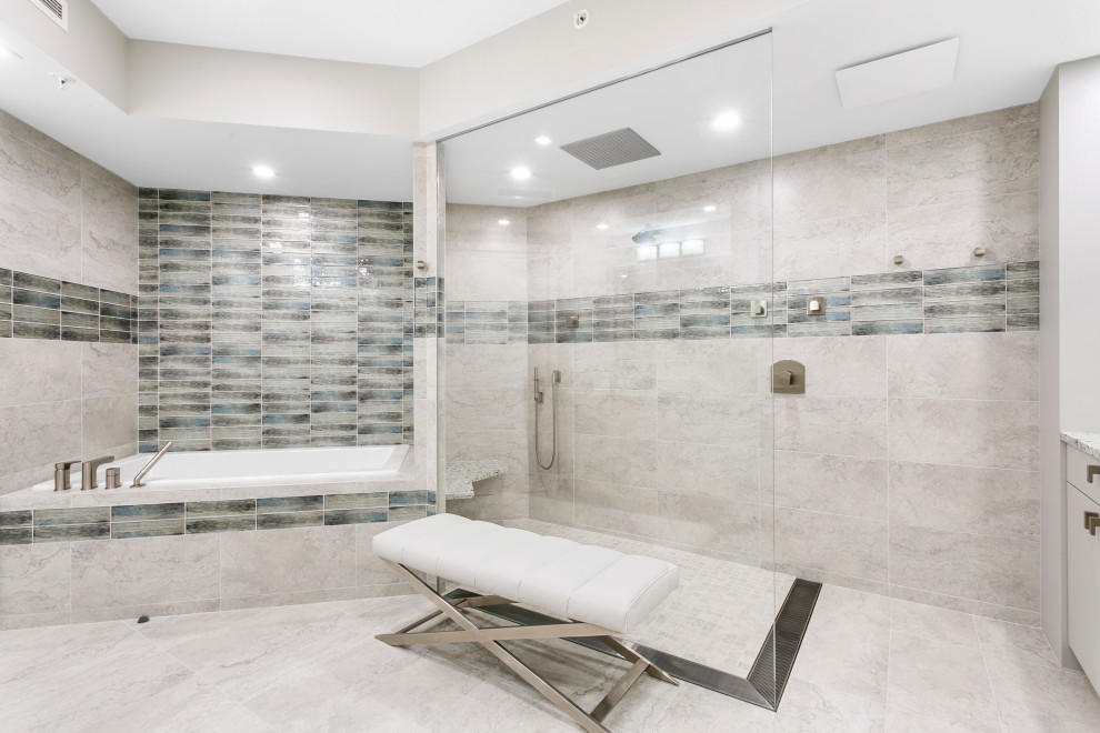Bathroom - transitional master multicolored tile and porcelain tile porcelain tile, gray floor and double-sink bathroom idea in Miami with flat-panel cabinets, gray cabinets, a one-piece toilet, gray walls, an undermount sink, terrazzo countertops, multicolored countertops and a built-in vanity
