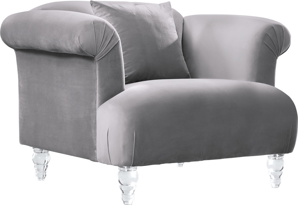 Elegance Contemporary Sofa Chair, Gray Velvet With Acrylic Legs