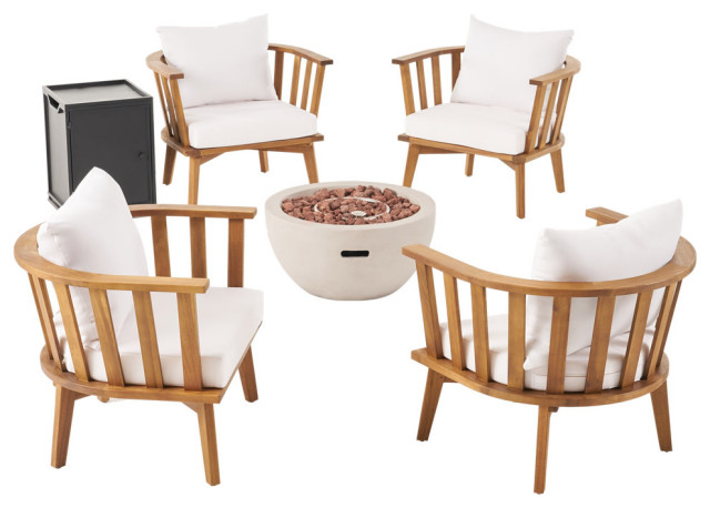Leona Outdoor Acacia Wood 4 Seater Club Chairs and Fire Pit Set