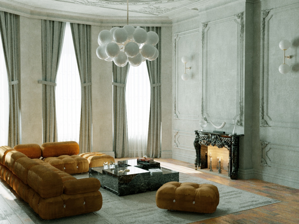 Стильный дизайн: парадная, открытая гостиная комната среднего размера в современном стиле с серыми стенами, пробковым полом, стандартным камином и панелями на стенах - последний тренд