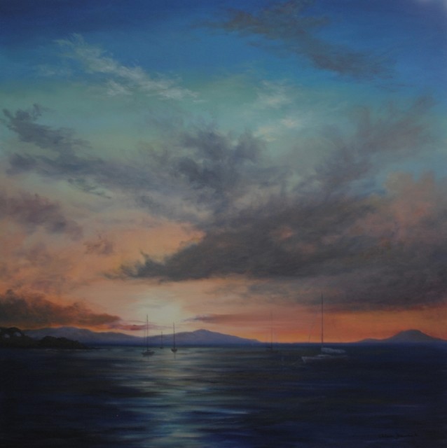 Original Tropical Seascape Sunset, 40x40 Oil on Canvas