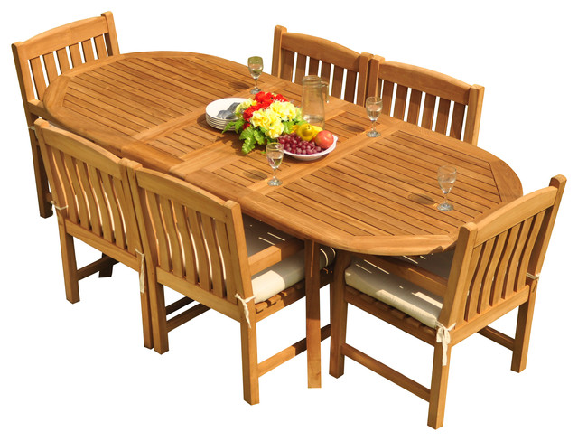 7-Piece Outdoor Teak Dining Set, 94" Extension Oval Table, 6 Devon Arm Chairs