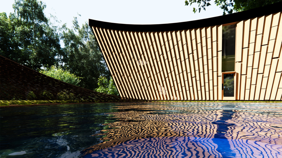 Photo of a mid-sized contemporary side yard custom-shaped aboveground pool in New York with with a pool and decking.