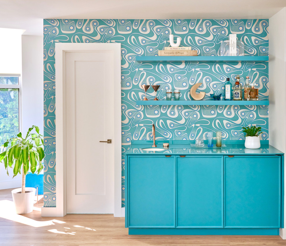 Mid-sized midcentury single-wall wet bar in New York with glass benchtops and turquoise benchtop.