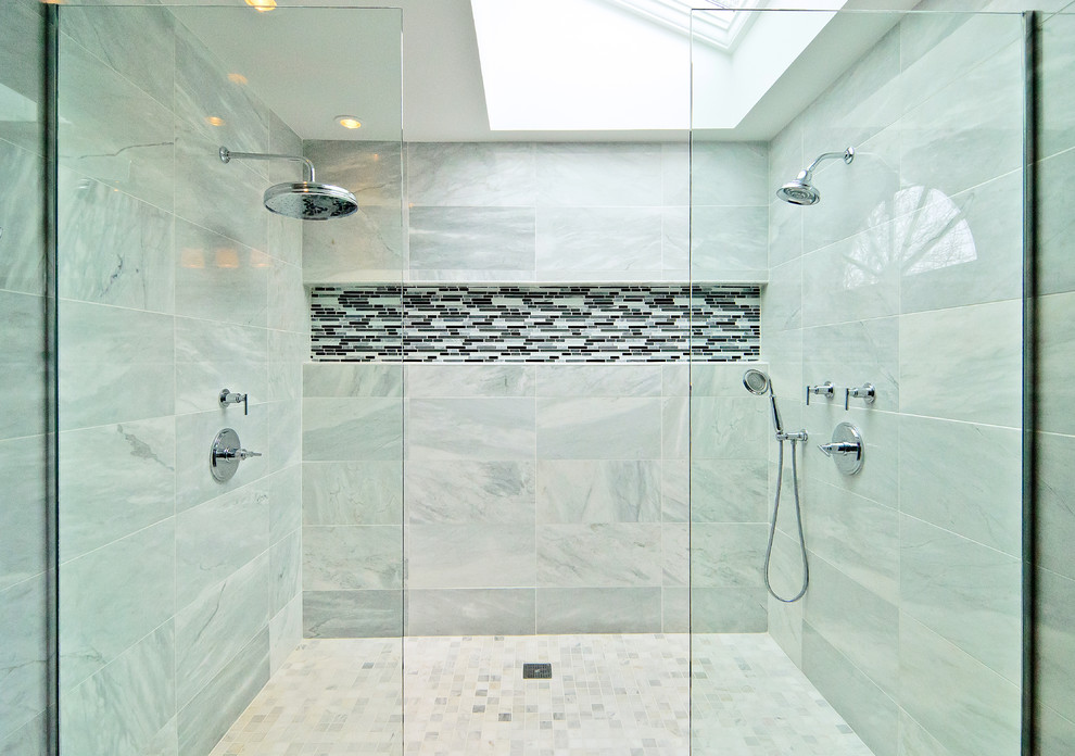 Double shower - large transitional master white tile and stone tile porcelain tile double shower idea in Chicago with an undermount sink, recessed-panel cabinets, white cabinets, marble countertops, a two-piece toilet and blue walls