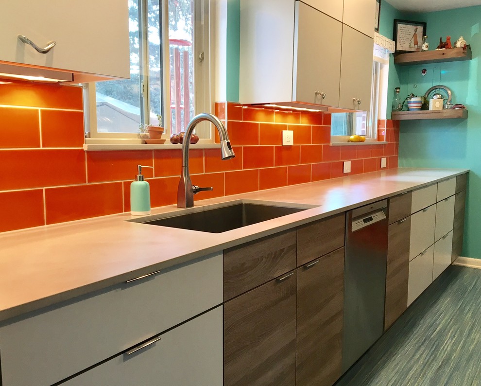 Design ideas for a small midcentury galley separate kitchen in Other with a single-bowl sink, flat-panel cabinets, grey cabinets, quartz benchtops, orange splashback, ceramic splashback, stainless steel appliances, linoleum floors, no island and turquoise floor.