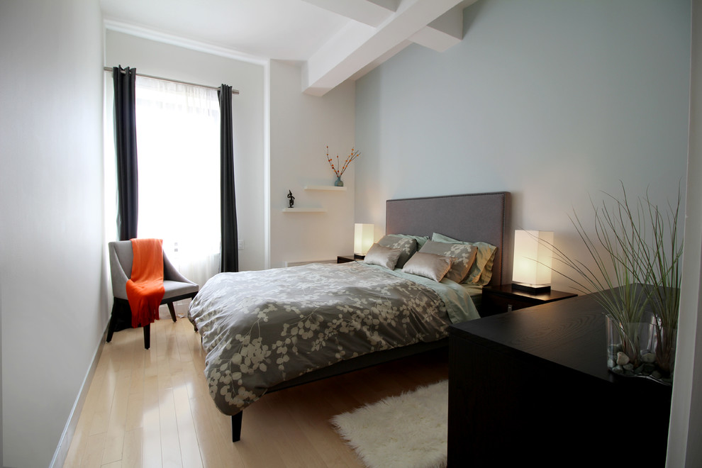 Photo of a mid-sized contemporary master bedroom in New York with blue walls and light hardwood floors.