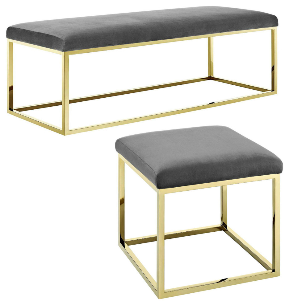 Velvet Fabric Bench/Ottoman With Gold Black Stainless Steel Frame, Gold Gray