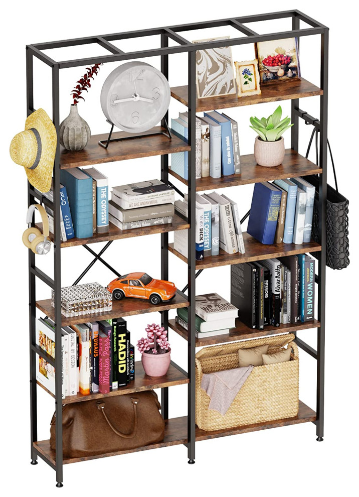 5 Tier Bookcase with 6 Hooks for Bedroom, Living Room, Kitchen and Study Room