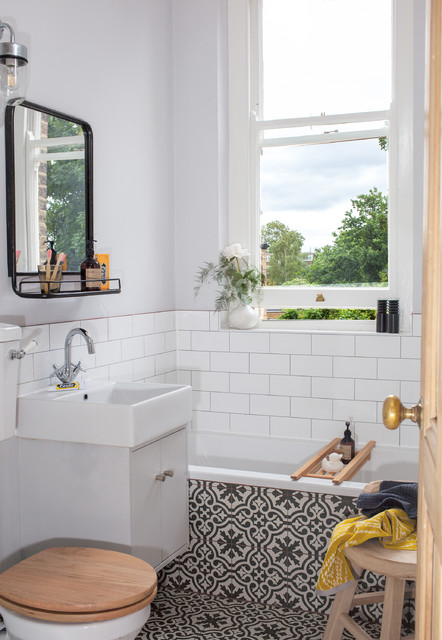 Contrasting tiling eclectic-bathroom
