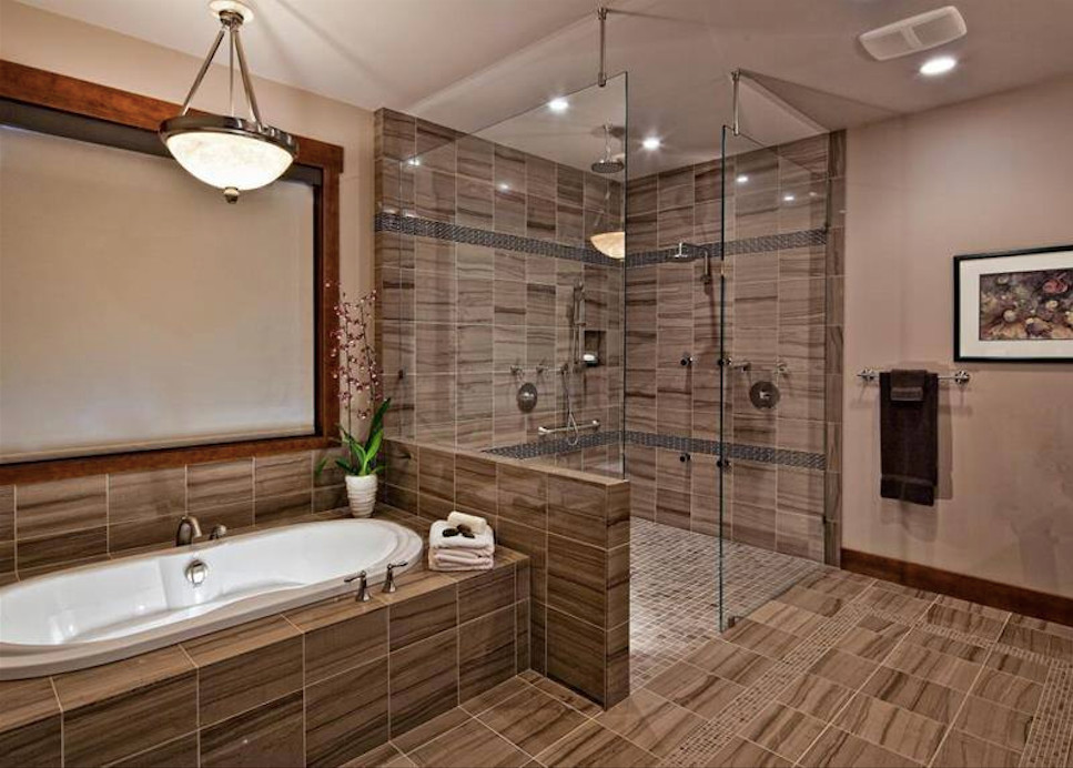 Drop-in bathtub - mid-sized transitional master beige tile, brown tile and ceramic tile ceramic tile and beige floor drop-in bathtub idea with beige walls