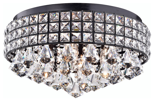 4-Light Antique Black Crystal Drum Shade Flush Mount Ceiling Chandelier Glam