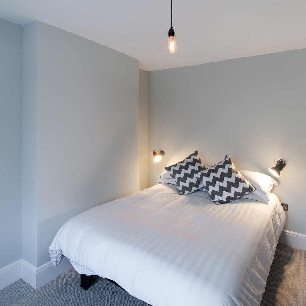 Photo of a mid-sized contemporary guest bedroom in London with grey walls, carpet and no fireplace.