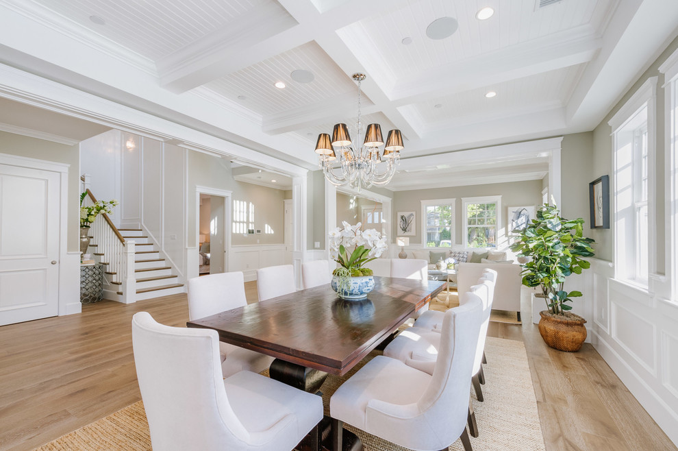 Inspiration for a large transitional open plan dining in Los Angeles with beige walls, light hardwood floors and no fireplace.