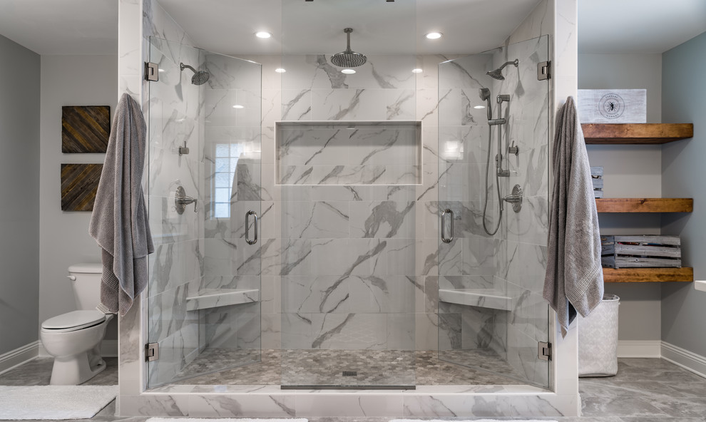 Example of a large transitional master multicolored tile and mosaic tile porcelain tile double shower design with gray walls, an undermount sink and quartz countertops