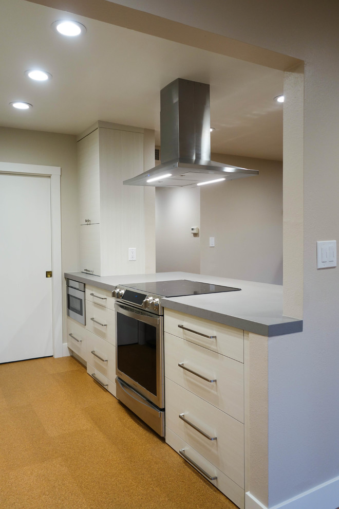 This is an example of a small contemporary galley eat-in kitchen in San Francisco with a single-bowl sink, flat-panel cabinets, beige cabinets, quartz benchtops, yellow splashback, porcelain splashback, stainless steel appliances, cork floors, yellow floor and grey benchtop.