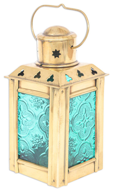 NOVICA Lantern In Green And Glass And Brass Tealight Holder