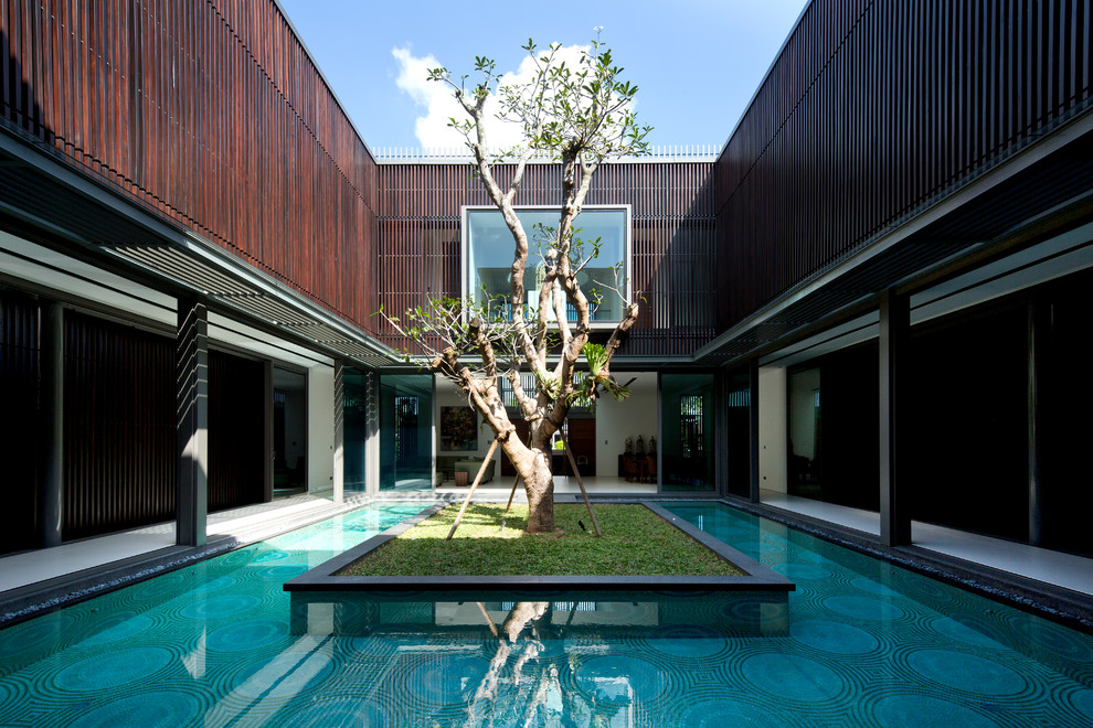 Photo of a contemporary courtyard garden in Singapore with a container garden.