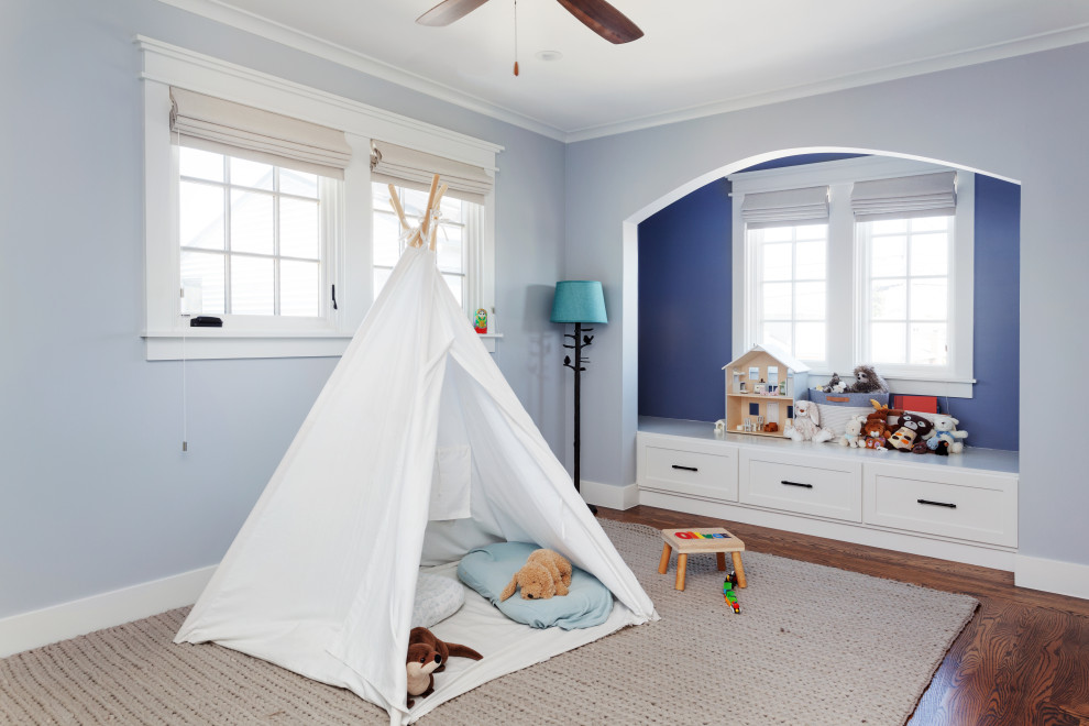 Inspiration for a transitional kids' playroom for kids 4-10 years old in San Francisco with grey walls, dark hardwood floors and brown floor.