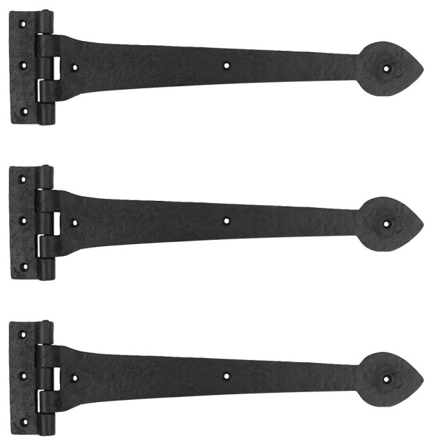 Black Door Gate Strap Hinges 15" L Wrought Iron Heart Tip Design Pack