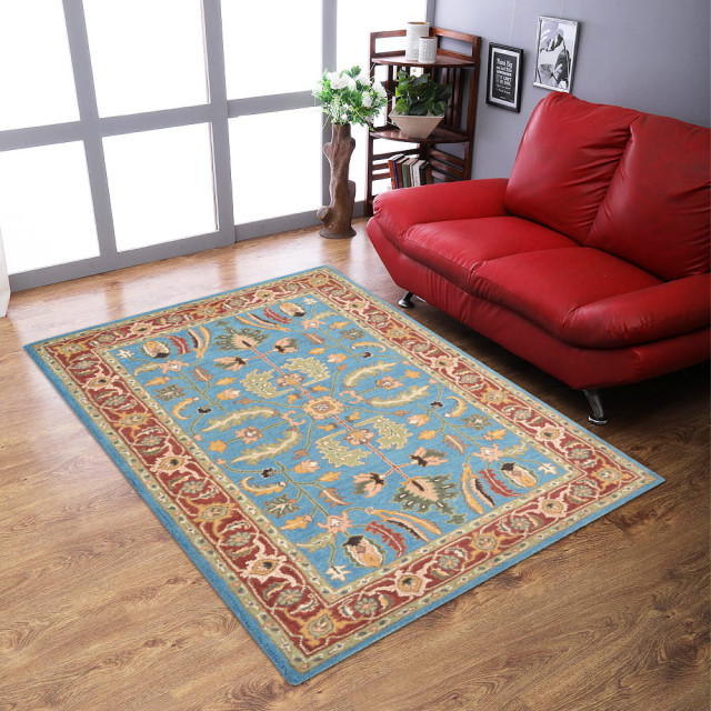 Hand Tufted Wool Area Rug Oriental Blue Red, [Rectangle] 5'x8