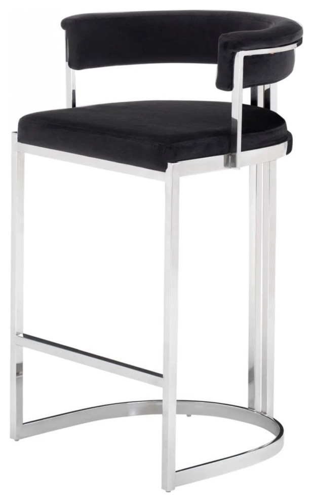 Judith Modern Black Velvet and Stainless Steel Bar Chair, Set of 2 Contemporary Bar Stools